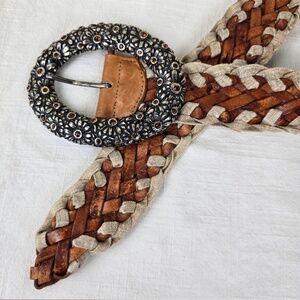 Vintage Streets Ahead Genuine Leather Braided Flower Rhinestone Embellished Belt